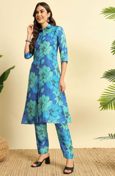 Royal Blue Digital Print Cotton Co-Ord Set