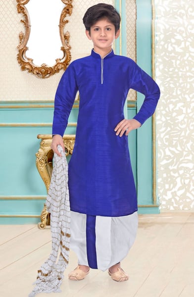 Royal Blue Dupion Silk Kids Dhoti Kurta Set for Festival