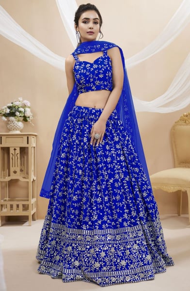 Royal Blue Embroidered Georgette Lehenga Choli for Wedding