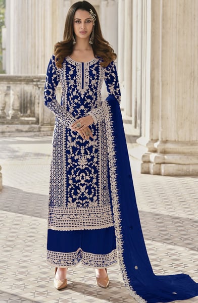 Royal Blue Embroidered Net Palazzo Kameez