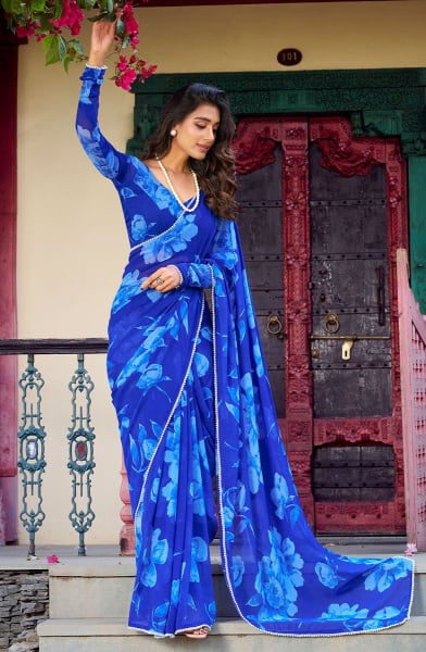 Royal Blue Floral Print Chiffon Saree