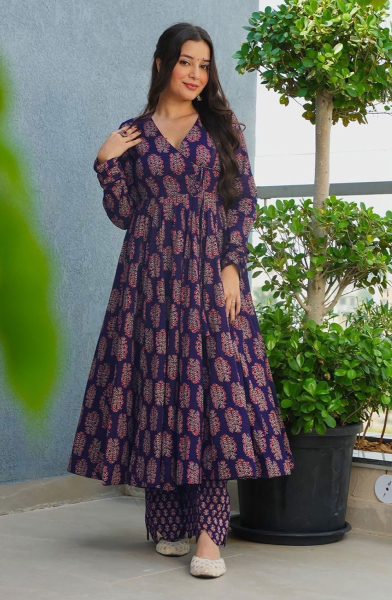 Royal Blue Heavy Rayon Plus Size Kurti with Bottom