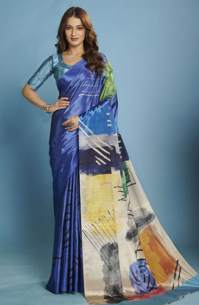 Royal Blue Malai Crepe Silk Digital Printed Saree