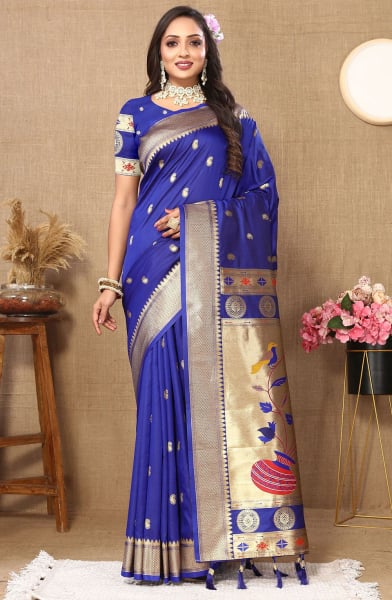 Royal Blue Meenakari Woven Paithani Silk Saree
