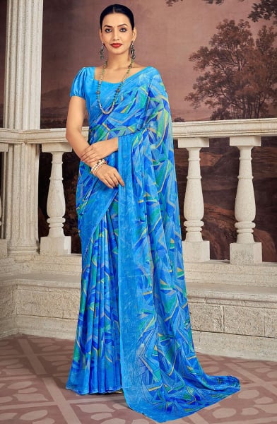 Royal Blue Printed Chiffon Casual Wear Saree