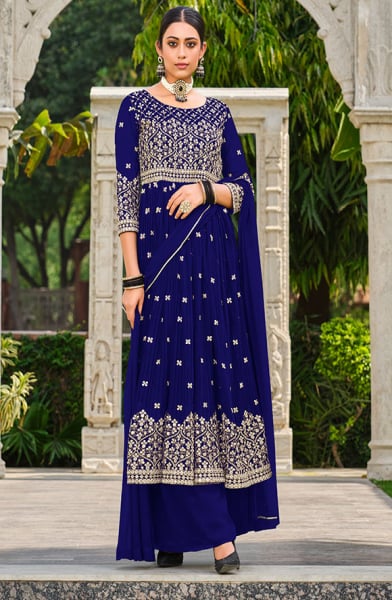 Royal Blue Pure Faux Georgette Palazzo Kameez Suit