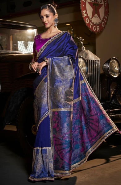 Royal Blue Pure Silk Resham Embroidered Saree