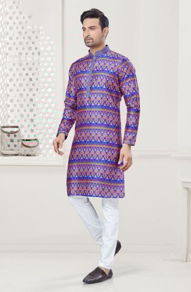 Royal Blue Silk Digital Printed Kurta Set