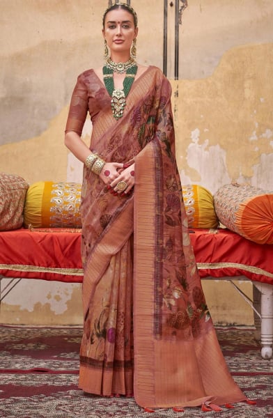 Rust Brown Digital Print Silk Saree