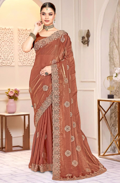 Rust Brown Fendy Satin Silk Saree with Cording Embroidery