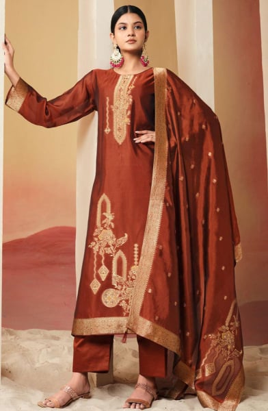 Rust Brown Woven Pure Silk Pant Kameez