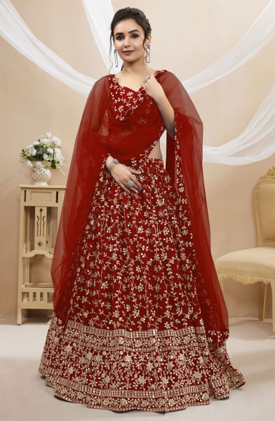 Rust Maroon Embroidered Georgette Lehenga Choli for Wedding