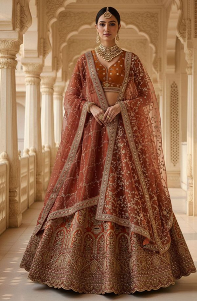 Rust Orange Embroidered Gadhwal Silk Bridal Lehenga Set