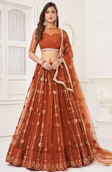 Rust Orange Embroidered Net Lehenga Choli