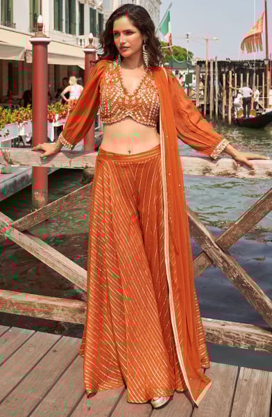 Rust Orange Embroidered Silk Designer IndoWestern