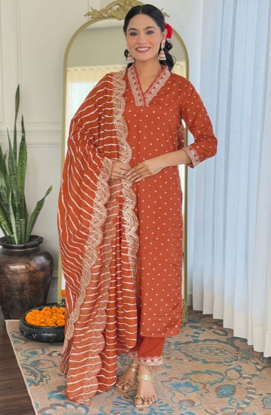 Rust Orange Embroidered Silk Readymade Pant Kameez
