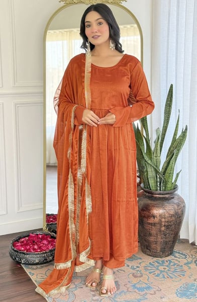 Rust Orange Embroidered Silk Readymade Pant Kameez