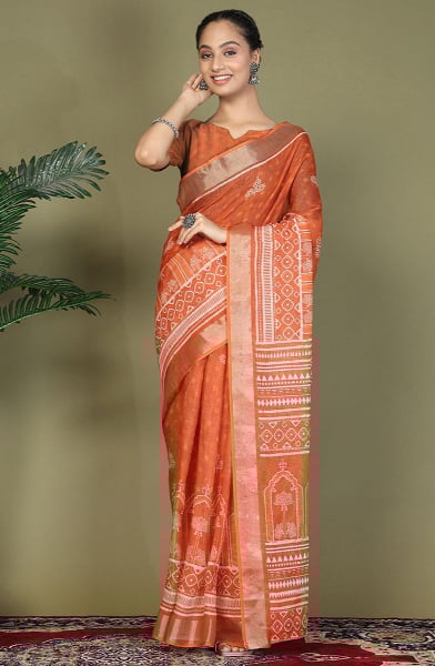 Rust Orange Printed Cotton Ready to Wear Saree