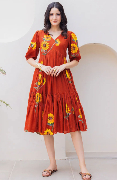 Rust Orange Printed Kota Checks Plus Size Kurti