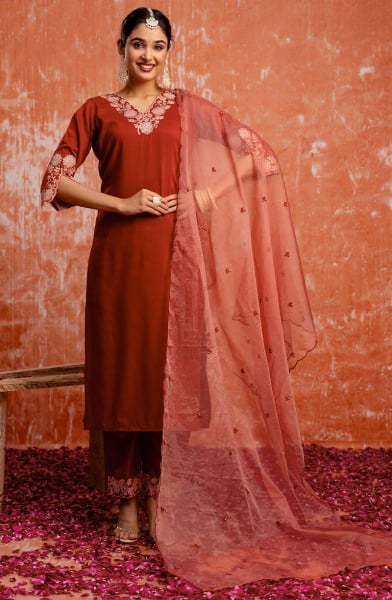 Rust Orange Silk Blend Readymade Pant Kameez