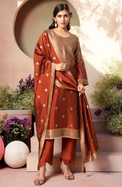 Rust Orange Woven Pure Silk Pant Kameez