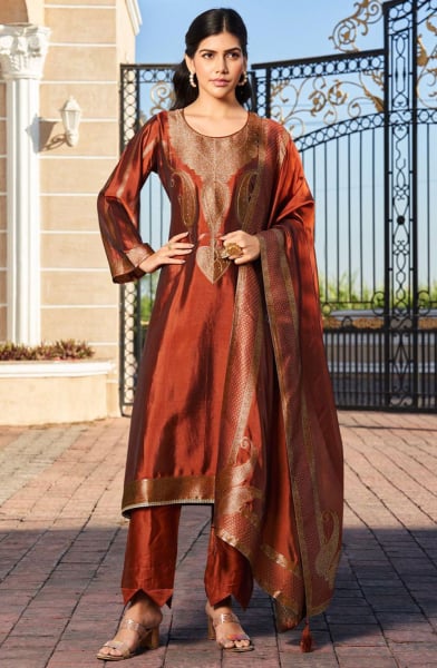 Rust Orange Woven Pure Silk Pant Kameez