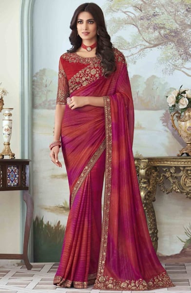 Rust Red and Magenta Silk Saree with Embroidered Blouse for Wedding