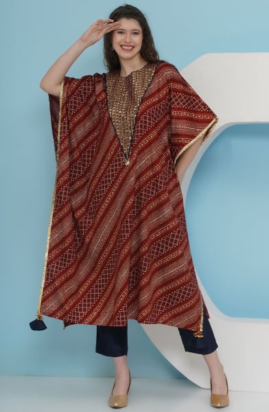 Rust Red Bandhani Kaftan Set