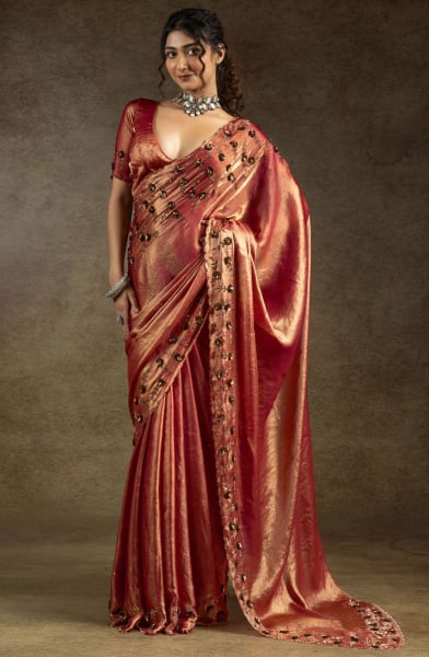 Rust Red Embellished Satin Silk Saree