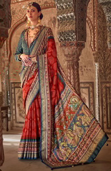 Rust Red Embellished Viscose Silk Saree