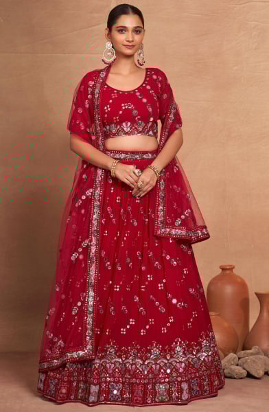 Rust Red Embroidered Georgette Lehenga Choli for Ceremonial