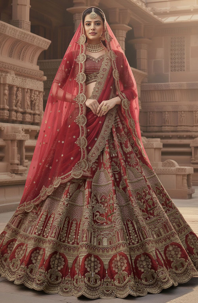 Rust Red Embroidered Silk Bridal Lehenga Choli