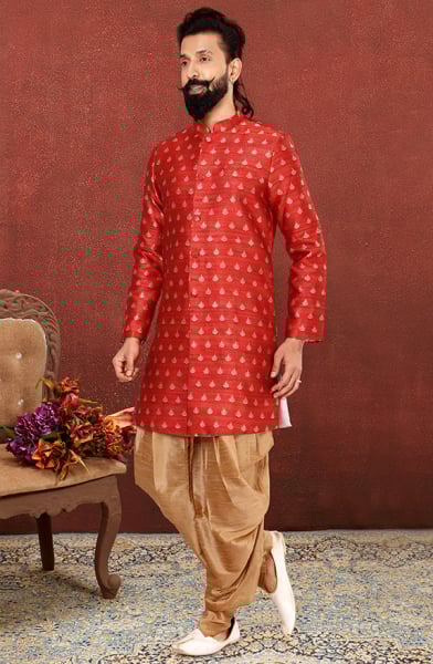 Rust Red Jacquard Silk Indo Western