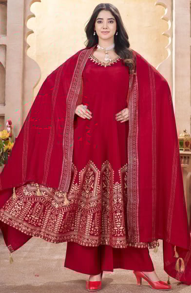 Rust Red Mirror Work Roman Silk Readymade Palazzo Suit
