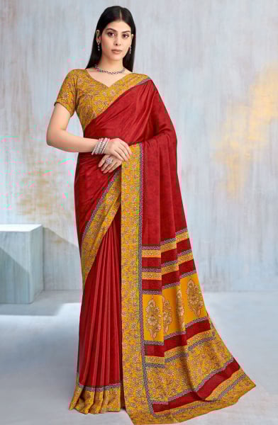Rust Red Printed Crepe Casual Saree