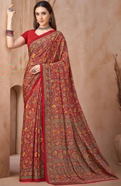 Rust Red Printed Crepe Casual Saree