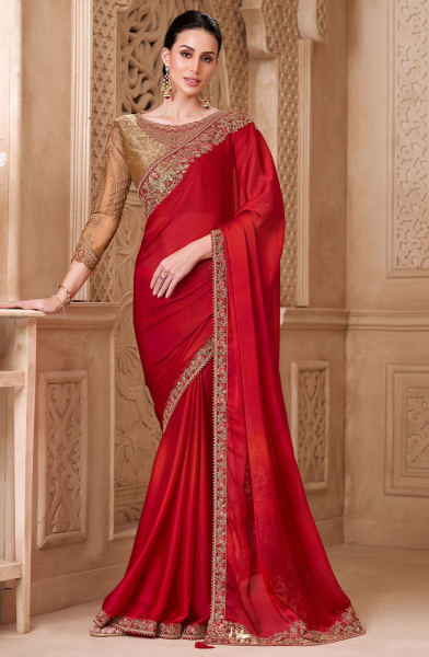 Rust Red Satin Silk Saree with Embroidered Blouse