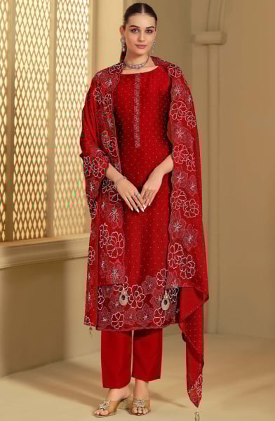 Rust Red Swarovski Embellished Georgette Pant Kameez