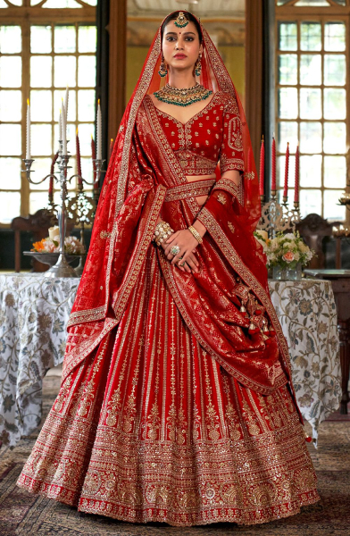 Sabyasachi Inspired Cherry Red Embroidered Silk Bridal Lehenga Choli
