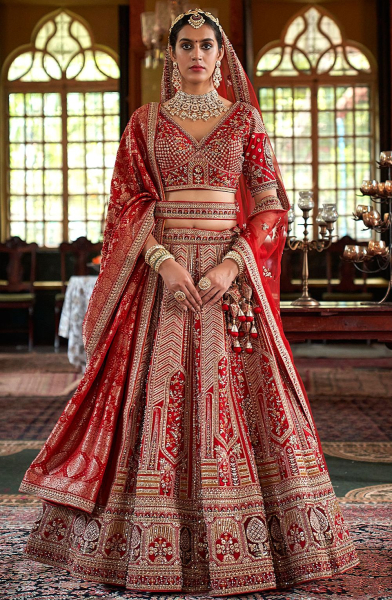 Sabyasachi Inspired Cherry Red Embroidered Silk Bridal Lehenga Choli
