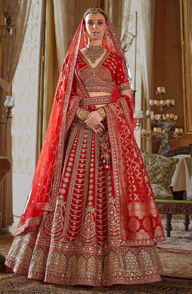 Sabyasachi Inspired Hot Red Embroidered Silk Bridal Lehenga Choli