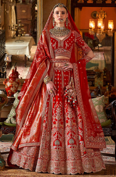 Sabyasachi Inspired Hot Red Embroidered Silk Bridal Lehenga Choli