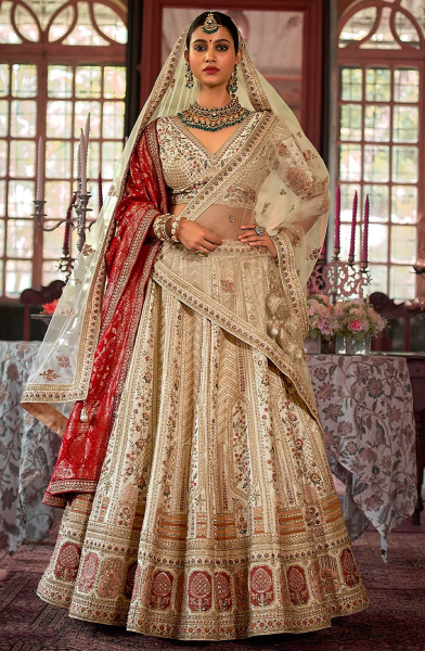 Sabyasachi Inspired Ivory Embroidered Silk Bridal Lehenga Choli
