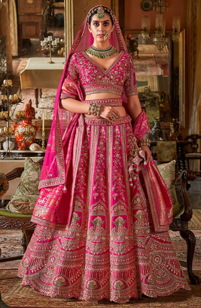 Sabyasachi Inspired Rani Pink Embroidered Silk Bridal Lehenga Choli