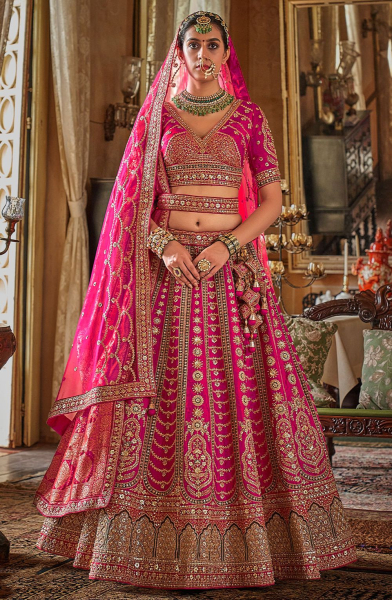 Sabyasachi Inspired Rani Pink Embroidered Silk Bridal Lehenga Choli