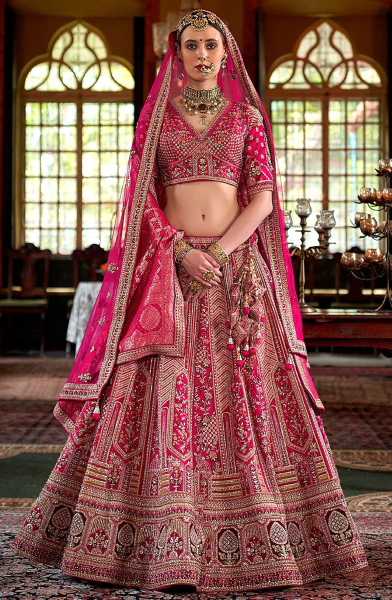 Sabyasachi Inspired Rani Pink Embroidered Silk Bridal Lehenga Choli