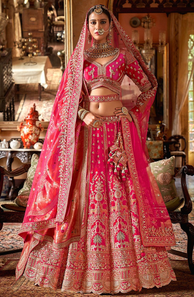 Sabyasachi Inspired Rani Pink Embroidered Silk Bridal Lehenga Choli