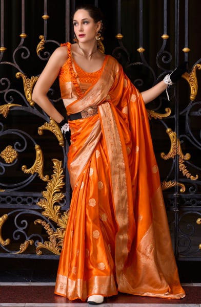 Saffron Orange Zari Woven Munga Silk Saree
