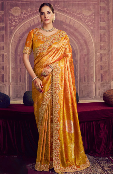 Saffron Golden Yellow Kanjivaram Pure Zari Silk Heavy Embroidered Saree for Ceremonial