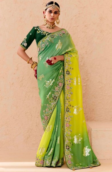 Sage Green and Lime Yellow Embroidered Viscose Bemberg Designer Saree